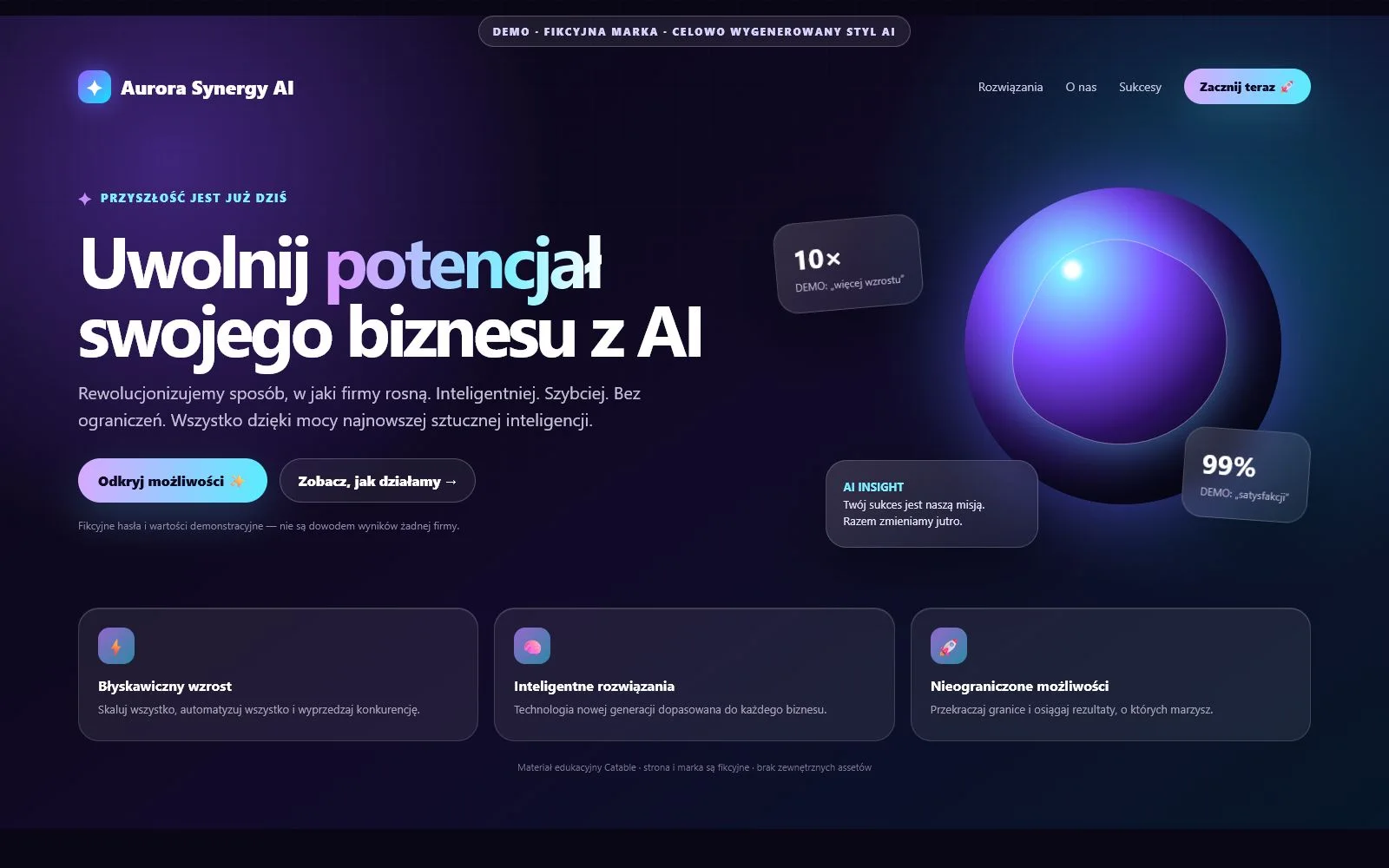 Fikcyjny landing page AI z fioletowym gradientem, pustymi hasłami i demonstracyjnymi statystykami