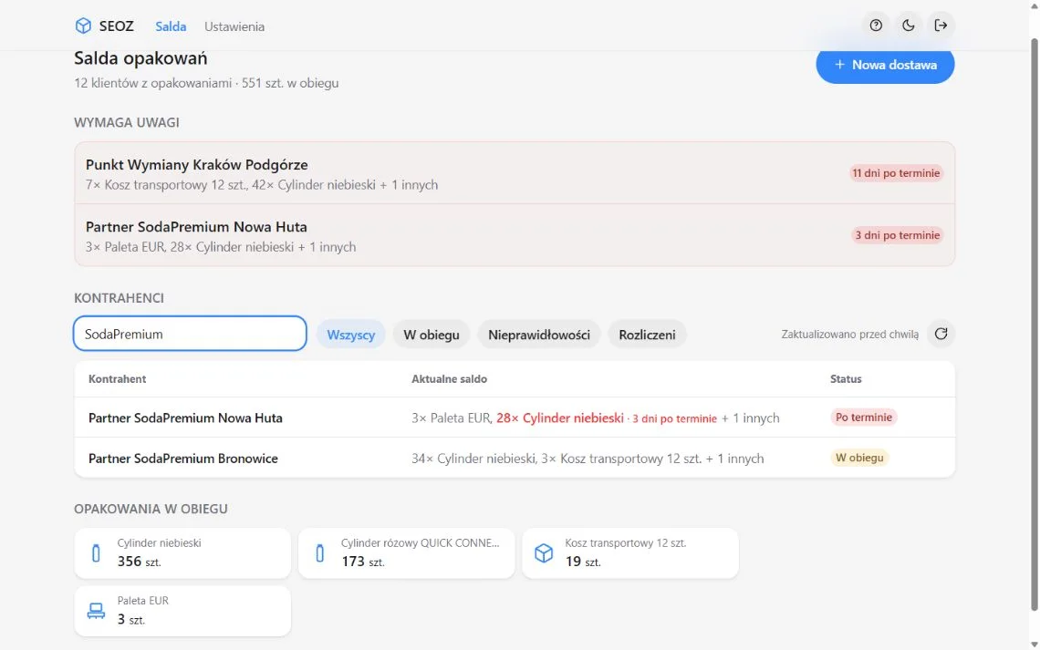 SEOZ counterparty list with SodaPremium search and filters for balances and irregularities